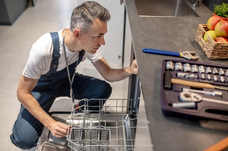 Technician inspecting dishwasher basket and spray arm — KTech Appliance Services Perth