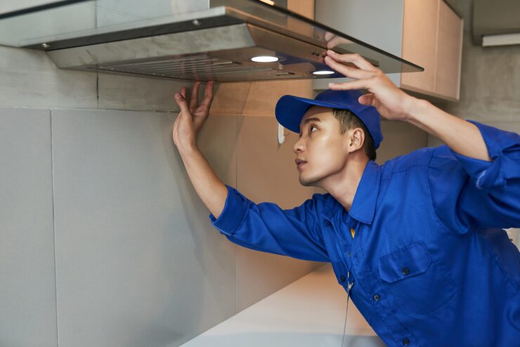 Technician inspecting rangehood exhaust fan in Perth kitchen — KTech Appliance Services